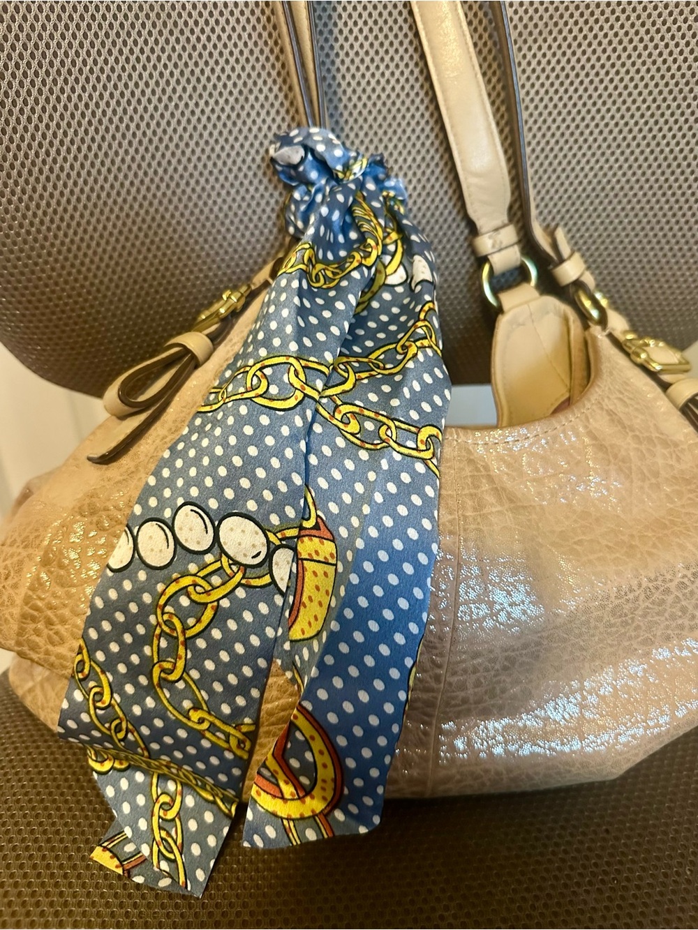 Blue Polka Dot Chain Print Hair or Bag Scarf